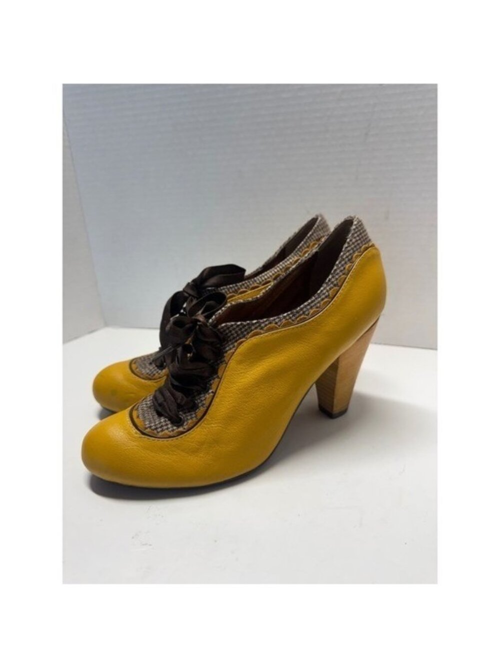 Poetic Licence London Yellow Leather Tweed Scalloped Ribbon Oxford Heels 7.5